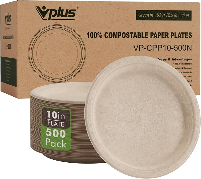 Vplus 500 Pack Compostable Disposable Paper Plates 10.25 inch Super Strong by Vplus