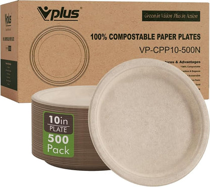 Vplus 500 Pack Compostable Disposable Paper Plates 10.25 inch Super Strong by Vplus