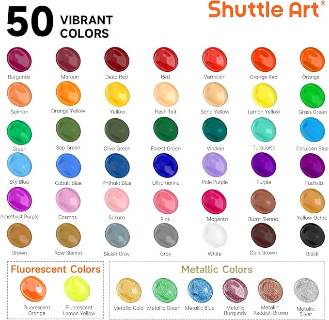 Shuttle Art Acrylic Paint, 50 Colors Acrylic Paint Set, 2oz/60ml Bottles - Image 2