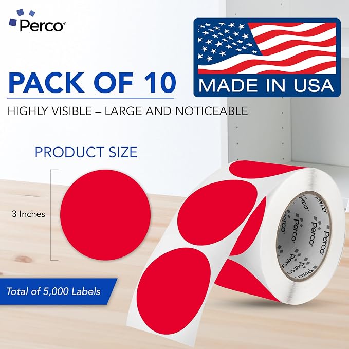 Perco Red 3-Inch Perforated Circle Dot Sticker Labels — 10 Rolls, 000 Round - Image 2