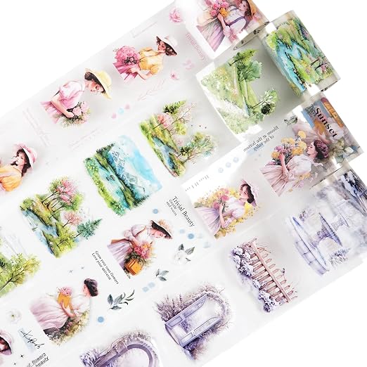 Girl and Scenic PET Tape Set, 4 Rolls Pre-Cut Adhesive Tapes by Auriicleaf