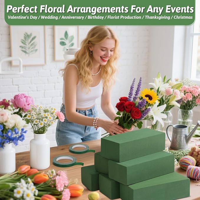 MAPVOLUT 6 Pack Green Floral Foam Blocks + 2 Rolls Waterproof Floral Tape | Wet - Image 7