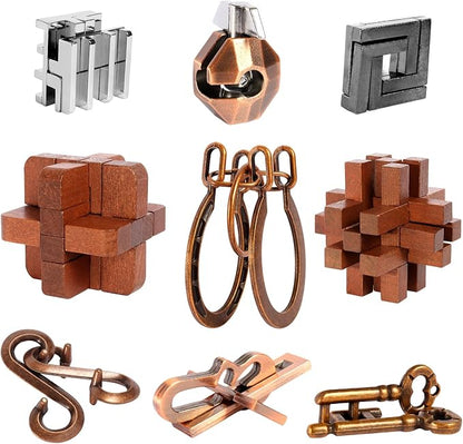 9pcs Puzzles Bulk Gift for Kids, and Adults Retro Wooden and Metal Unlock by ActPo