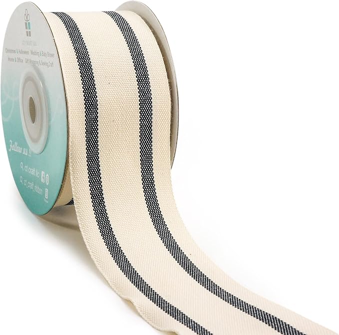 CT CRAFT LLC Ivory Cotton Black Stripes Ribbon 1.5" x 10 Yards by CTCRAFTLLC