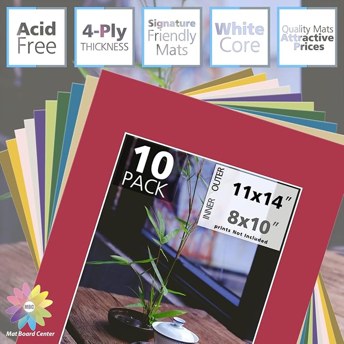 MBC Mat Board Center, Acid Free Pack of 10 11x14 Mixed Colors White Core - Image 2