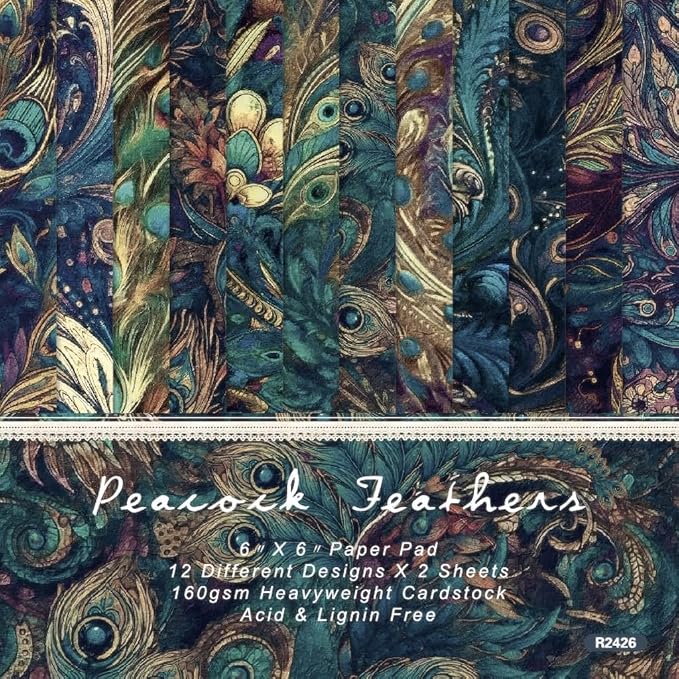 6x6 Inch Peacock Feather Themed Scrapbook Paper Pad – 24 Sheets, 12 Unique by SXUSALLC