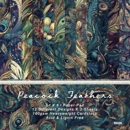 6x6 Inch Peacock Feather Themed Scrapbook Paper Pad – 24 Sheets, 12 Unique by SXUSALLC