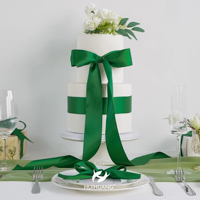 HUIHUANG Forest Green Ribbon 2 inch Double-Faced Forest Green Silk Fabric Ribbon - Image 6