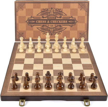 AMEROUS Magnetic Wooden Chess and Checkers Game Set, 15 Inches Chess Board Games - Image 9