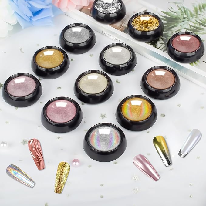 Gold Silver Chrome Nail Powder, 12 Colors Iridescent Holographic Unicorn Chrome - Image 6