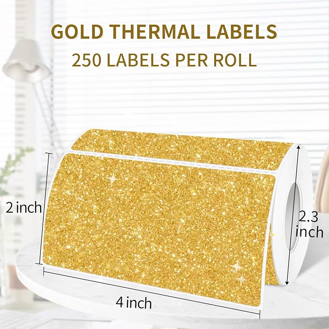 2" x 4" Glitter Gold Thermal Label Stickers, Waterproof Thermal Printer Sticker - Image 2