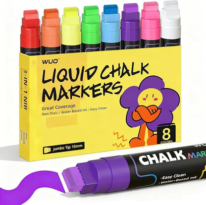 WUO window Chalk Markers, 8 Colors Car Markers, 15mm 3-in-1 Jumbo Wide Nib by WUO