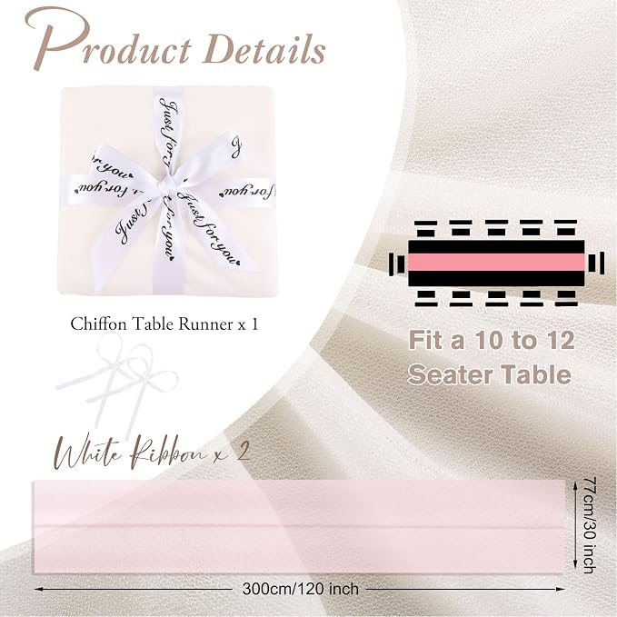Beige Chiffon Table Runner 10ft Long Romantic Wedding Table Runners 30 x 120 - Image 2