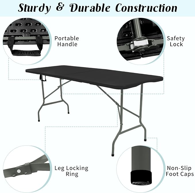 2 Pack 6 FT Folding Tables Black Foldable Table, Fold-in-Half - Image 3