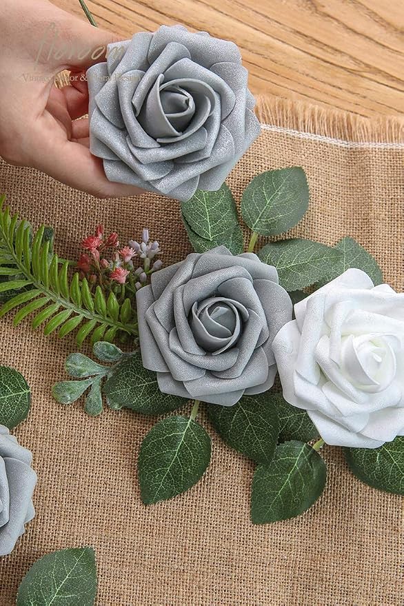 Floroom Artificial Flowers 25pcs Real Looking Shimmer Silver Grey Foam Fake - Image 3