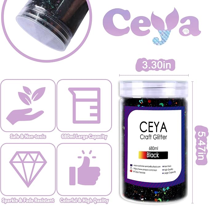 Ceya Holographic Chunky Glitter, 1 LB/ 16OZ Laser Black Bulk Craft Glitter - Image 4