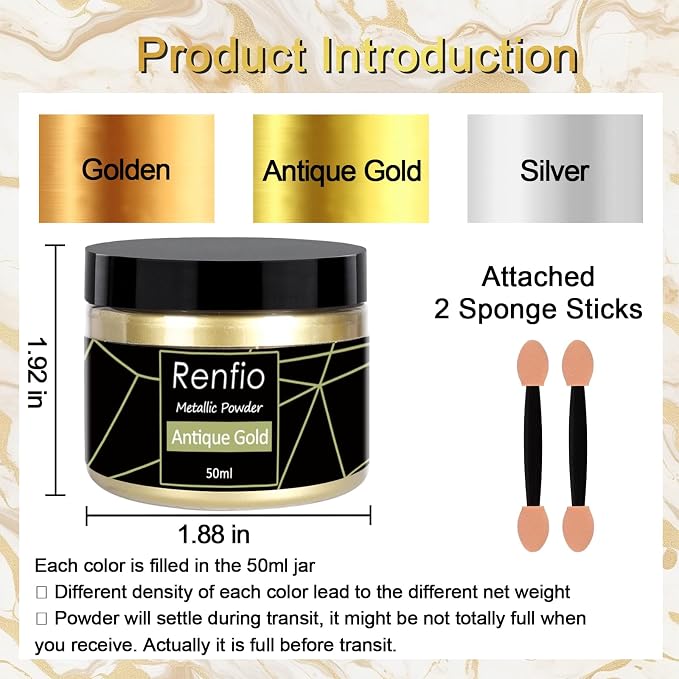 Renfio Metallic Pigment Powder, 50ml Golden Resin Color Pigment - Image 3