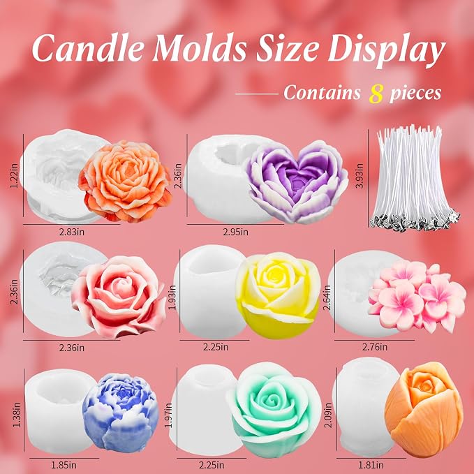 8Pcs Rose Flower Tulip Peony Heart Candle Soap Wax Mold Valentine Day Silicone - Image 4