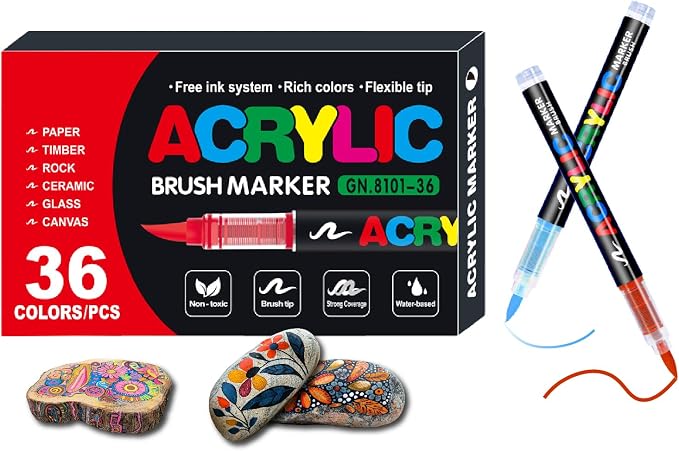 36 Colors No bleeding Non-Toxic Multi-Surface Flexible Tip Acrylic Paint Brush by Ancepo