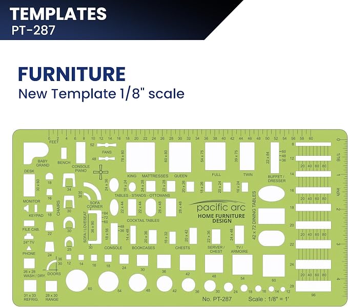 Pacific Arc, Furniture Template, 1/8 inch Scale. Drawing aid Stencil - Image 2