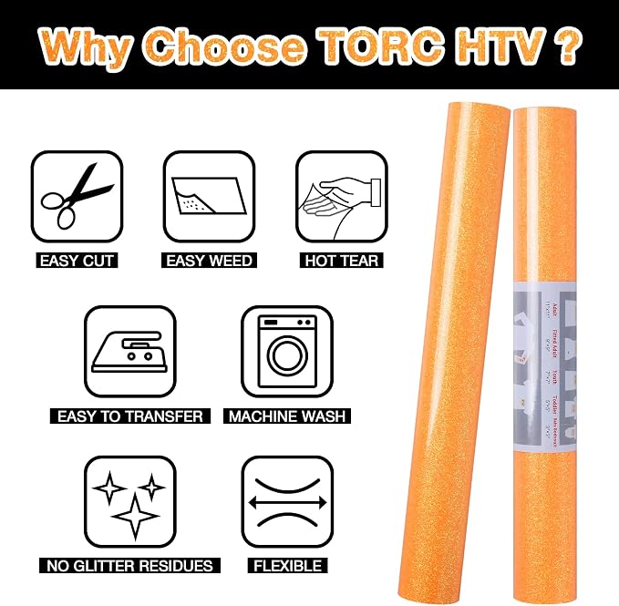TORC Orange Glitter HTV Heat Transfer Vinyl Roll 12 inch x 10 ft Iron on Vinyl - Image 3
