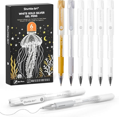 Shuttle Art White Gold Silver Gel Pens, 6 Pack 0.7mm, 1.0mm Metallic Gel Ink by ShuttleArt
