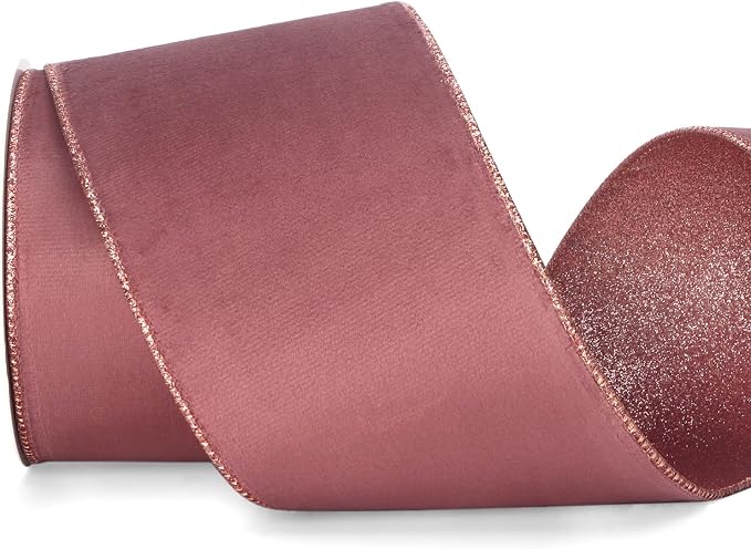 Ribbli Rose Gold Velvet Wired Ribbon 4 Inch Dusty Rose Velvet by Ribbli