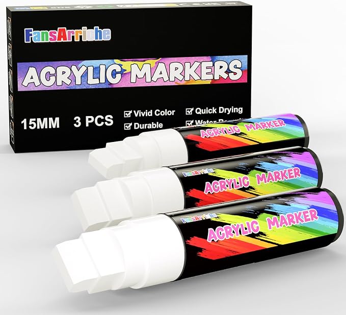 FansArriche Acrylic Paint Markers, 15mm Jumbo Felt Tip, 3 White Waterproof and by FansArriche