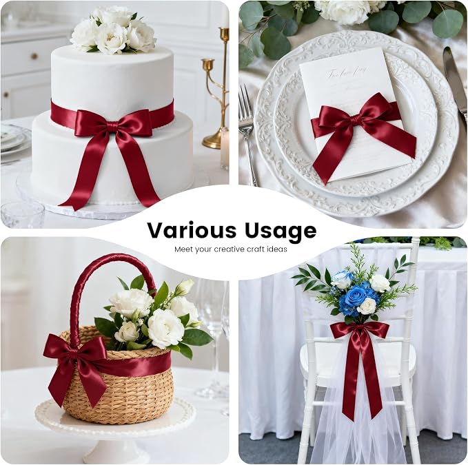 1-1/2 Inch 100 Yards Satin Ribbon Wine Red, Solid Color Fabric Ribbon - Image 8