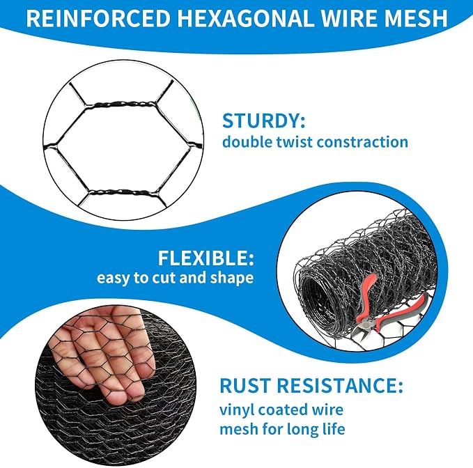60'' x 150' Black Chicken Wire Mesh Fence, 20 Gauge Galvanized Poultry Netting - Image 2