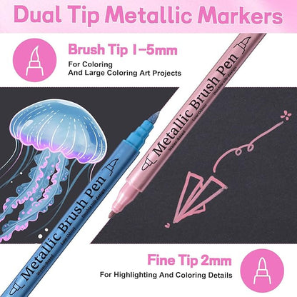 12 Pack Metallic Markers, Dual Tip Glitter Pens - Image 2