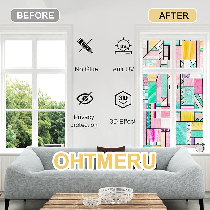 3D Stained Glass Window Privacy Film, Heat Control UV Blocking Static Cling - Image 2