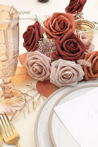 Floroom Artificial Flowers 25pcs Real Looking Terracotta Ombre Colors Foam Fake - Image 3