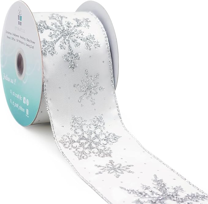 CT CRAFT LLC White Satin with Silver Snowflake Wired Ribbon 2.5 Inch x 10 Yards by CTCRAFTLLC
