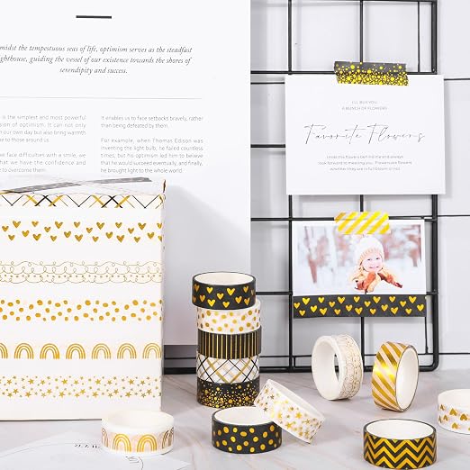 Whaline 12 Rolls Gold Foil Pattern Washi Tape Heart Dot Stripe Rainbow Masking - Image 5