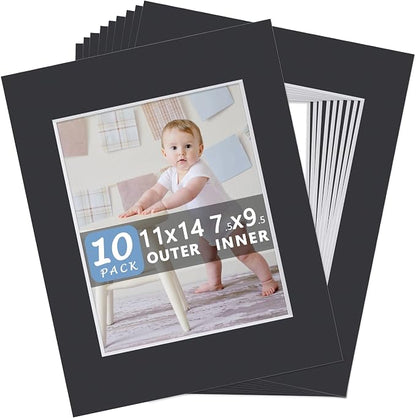 10 Pack Pre-Cut 11 x 14 Black Picture Mats by SOMIME