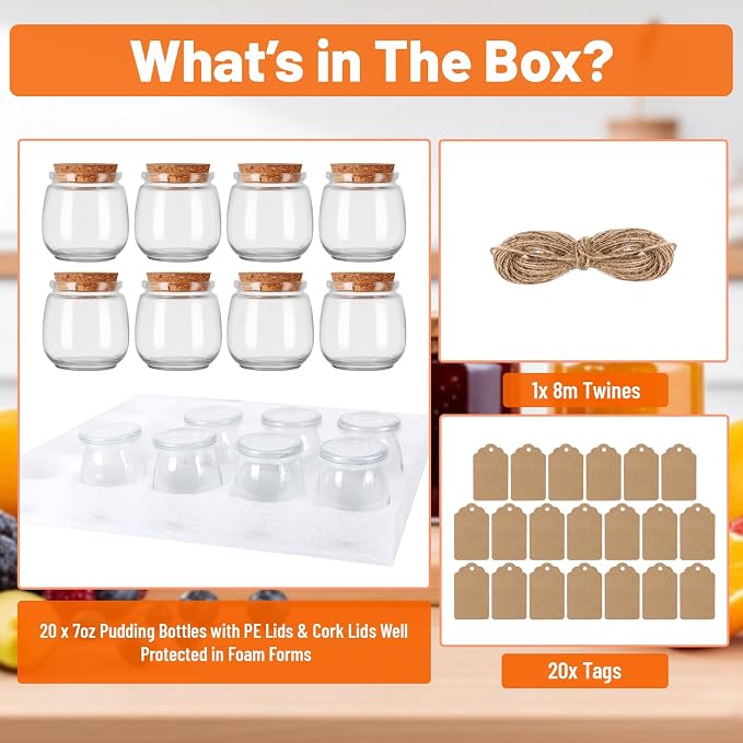 7oz Glass Jars with Cork & PE Lids 20Pack, Small Glass Pudding Jar - Image 3