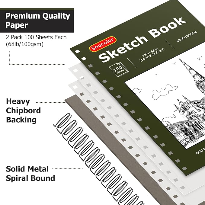 Soucolor 5.5" x 8.5" Sketchbook Pack of 2, 200 Sheets Blank Journal Notebook - Image 2