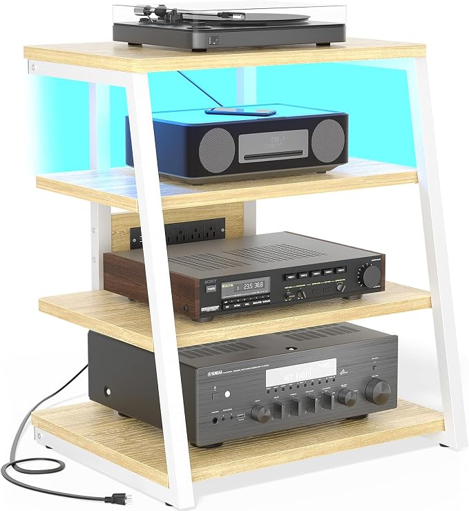 AV Media Stand with Outlets, Media Console with LED Lights, Stereo Racks and by Besiost