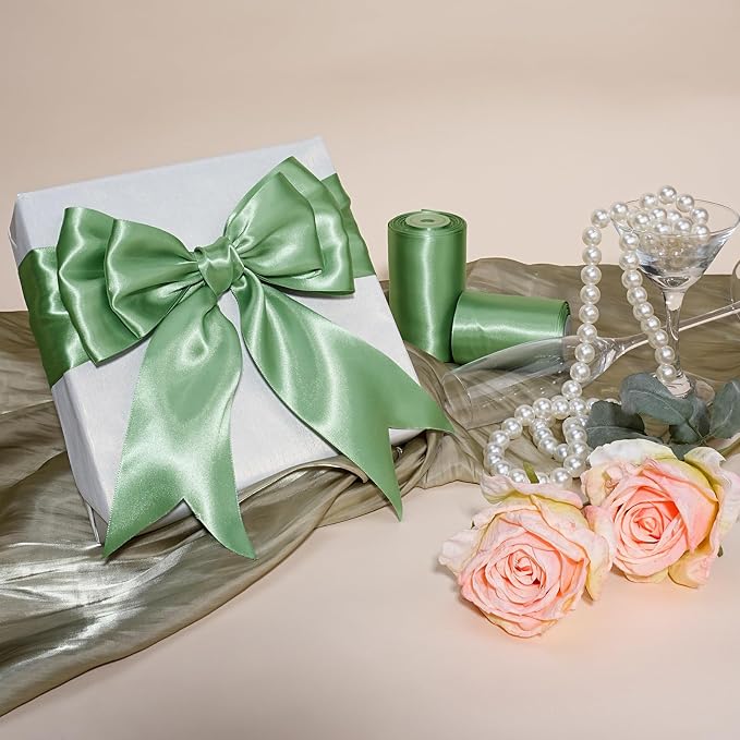 LaRibbons Sage Green Satin Ribbon 3 Inch 10 Yards Double Faced Luxury Light - Image 3