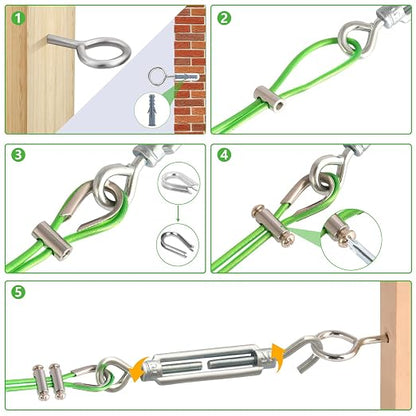 Turnbuckles for Cables Wire, 1/8" X 100Ft Green PVC Coated Wire Rope Kit - Image 5
