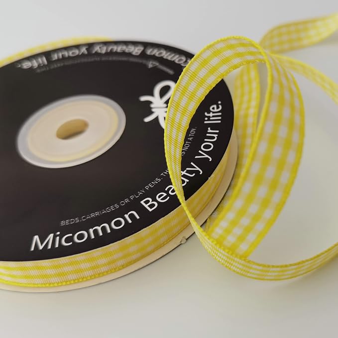 Yellow and White Gingham Plaid Checked Ribbon 25 Yards Per Roll Checkerd Craft - Image 5