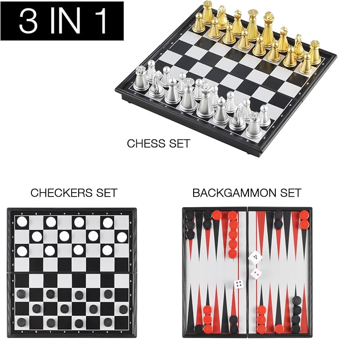 5'' Mini 3 in 1 Chess Checkers Backgammon Set Magnetic Folding Travel Chess - Image 7