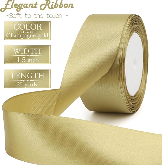 Champagne Gold Solid Satin Ribbon 1-1/2 Inch 25 Yards Solid Polyester Fabric - Image 2
