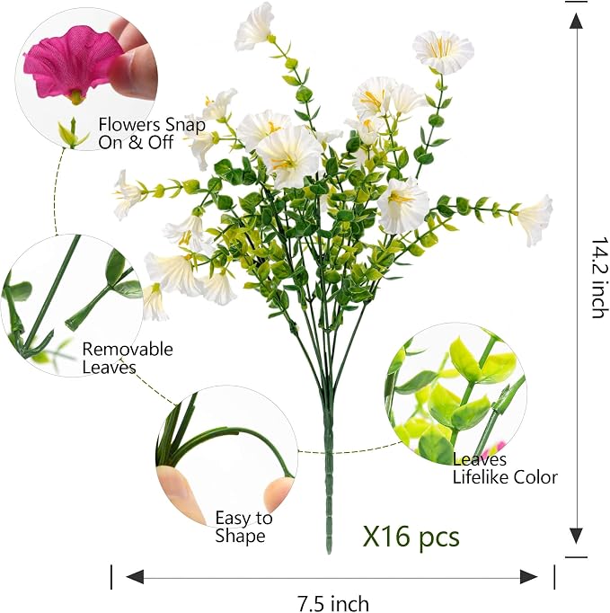 Artificial Fake Flowers For Outdoor Outside Decoration, 16 Bundles UV Resistant - Image 2