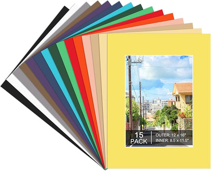 15 Pack 12x16 Picture Mats, Mixed Colors Frame Mattes by Prudiut