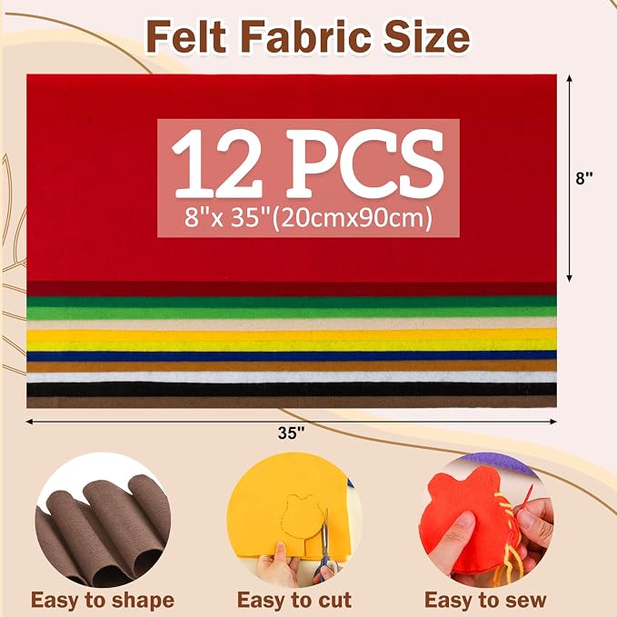 12 Rolls 8"x35" 1.4mm Thick Soft Felt Fabric Sheet 12 Assorted Colors Felt Pack - Image 2