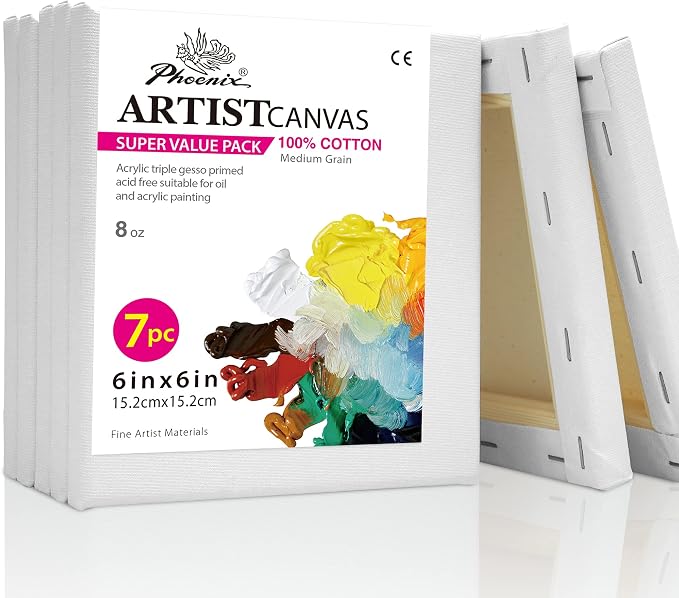 PHOENIX Small Stretched Canvas for Painting 6x6 Inch/7 Value Pack, 8 Oz Triple by PHOENIX