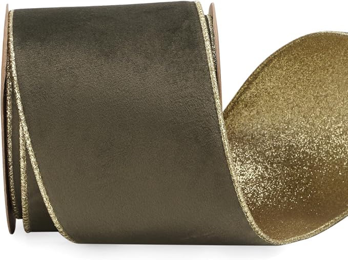 Ribbli Dark Moss Velvet Wired Ribbon 4 Inch Moss Green Velvet by Ribbli