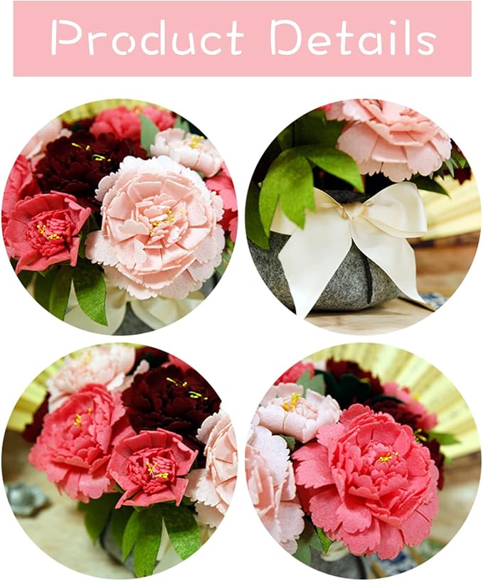 BAZIMA DIY Felt Flower Art Craft Kit, DIY Felt Peony Pot Bonsai Kit, 18 Peonies - Image 6